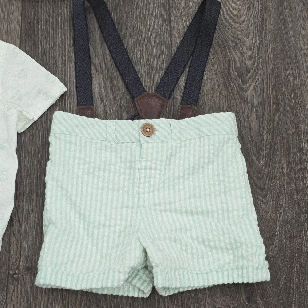 Tommy Bahama Baby Boy 12M‎ Seersucker Shorts Suspenders Hat Bunny Shirt Set 3pc